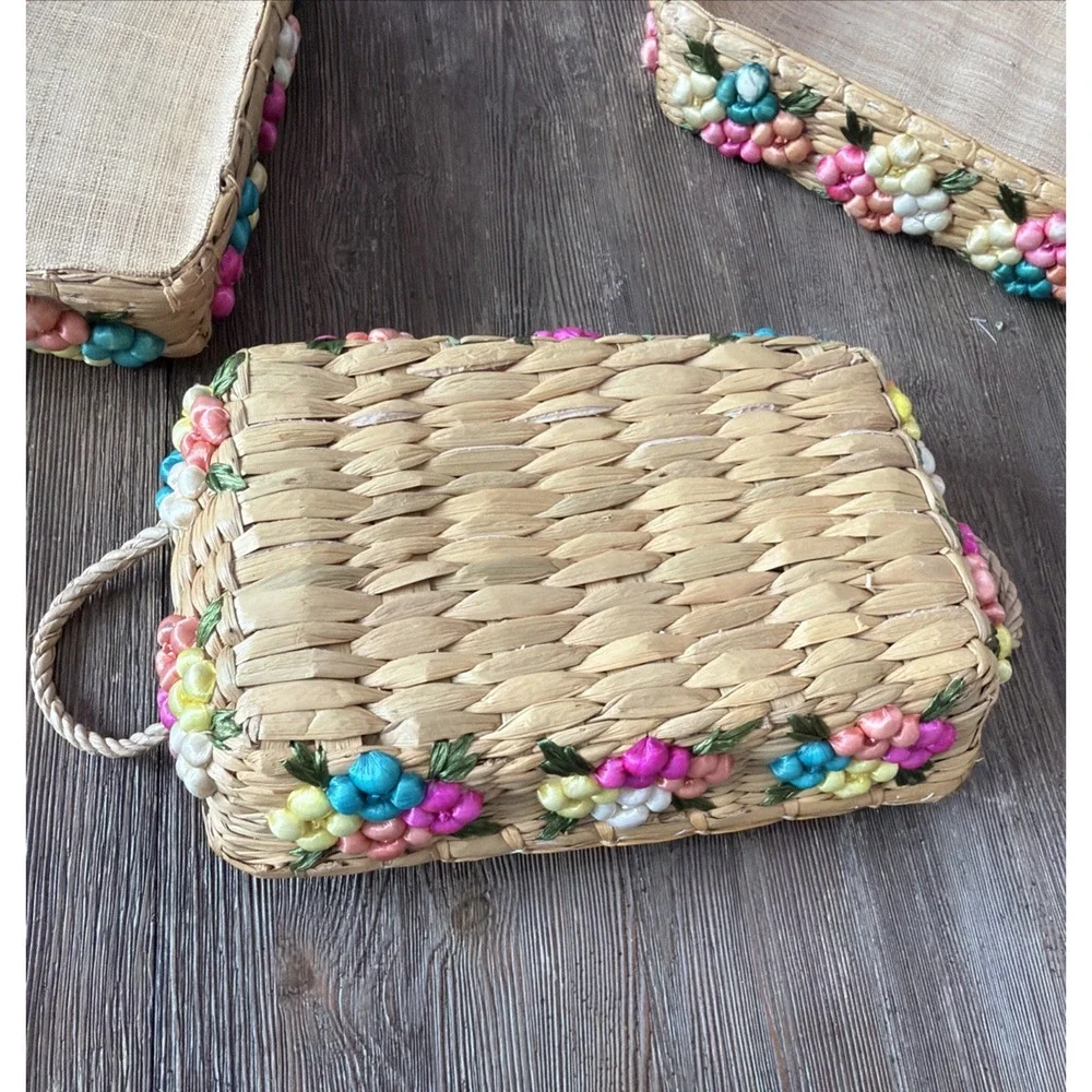Vintage Casserole Dish Carrier Baskets Raffia With Flowers Set Of 3 Nesting